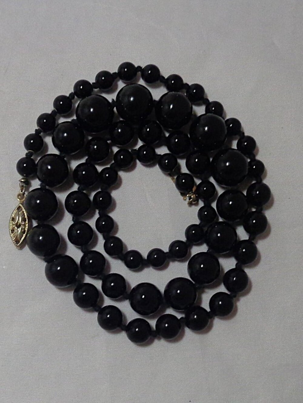 Vintage Graduated Black Glass Bead Necklace Knotted 23"
